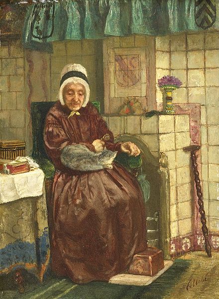 Old woman by a hearth